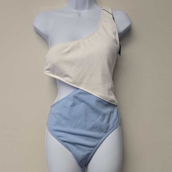 Zaful Cutout Ribbed One Shoulder One Piece Swimsuit Light Blue L / 8 - Picture 2 of 8